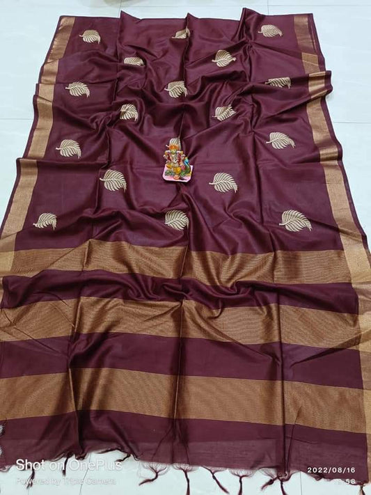 Pure Tussar- Moonga Hand Embroidered Saree With Running Blouse