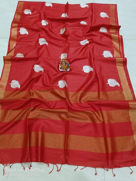 Pure Tussar- Moonga Hand Embroidered Saree With Running Blouse