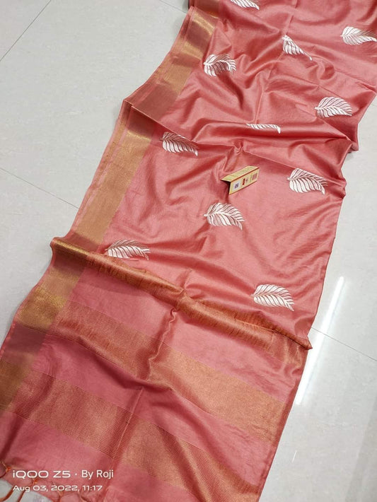 Pure Tussar- Moonga Hand Embroidered Saree With Running Blouse