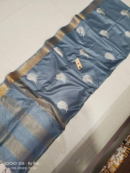 Pure Tussar- Moonga Hand Embroidered Saree With Running Blouse