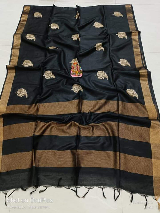 Pure Tussar- Moonga Hand Embroidered Saree With Running Blouse