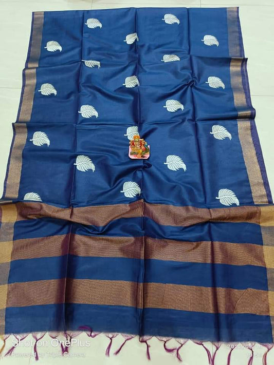 Pure Tussar- Moonga Hand Embroidered Saree With Running Blouse