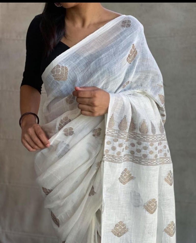 Pure Organic Linen Jamdani weaved Saree
