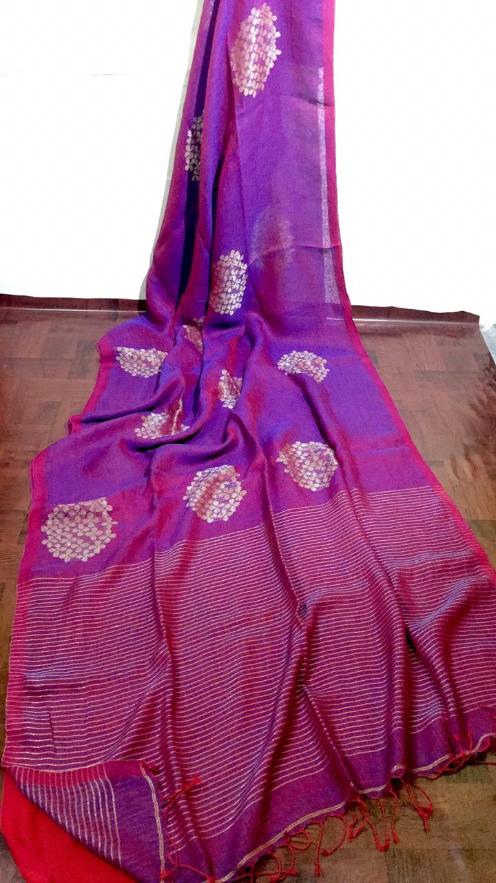 Pure Jamdani Linen By Linen yarn Made Saree With Hand Weaving .