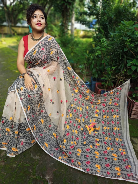Pure Bengal Cotton Silk Jamdani Weaving saree With Blouse.