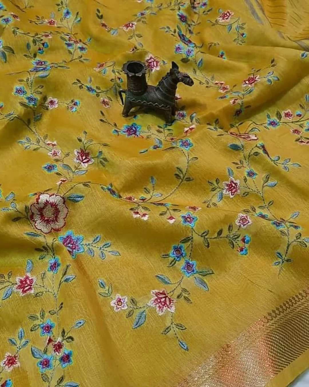 Pure Linen Silk Hand Embroidery Work Saree With Blouse.