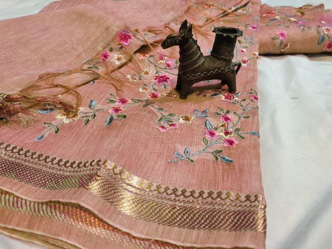 Pure Kota Linen Silk Hand Embroidery Work Saree With Blouse.