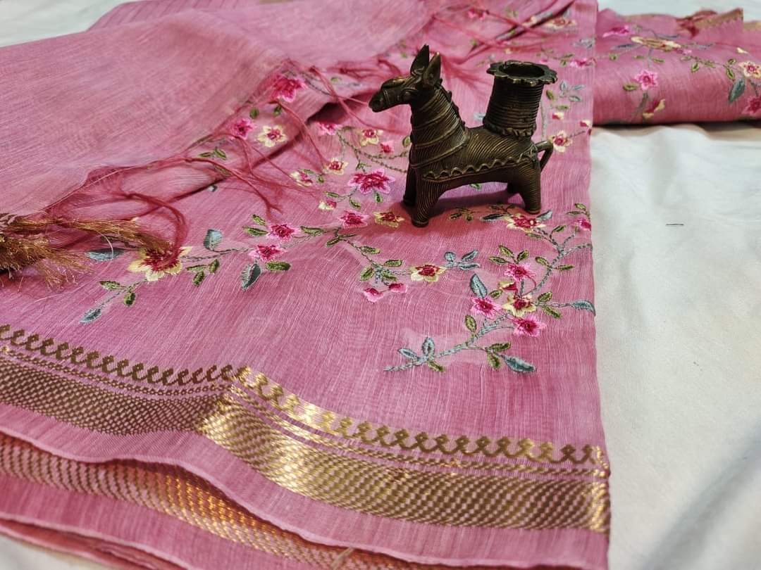 Pure Kota Linen Silk Hand Embroidery Work Saree With Blouse.