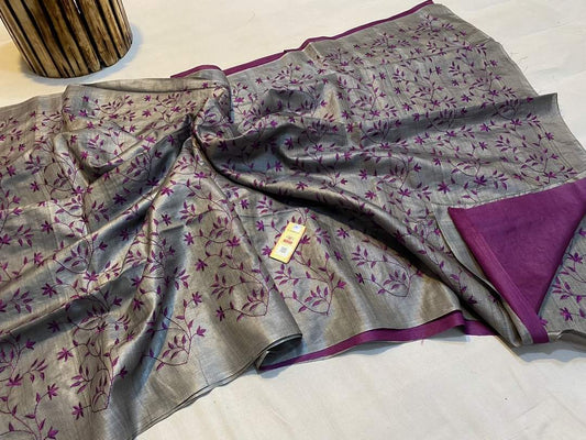 Light Grey Color Pure Desi Tussar By Tussar Silk Embroidery Work Saree With Running Blouse.