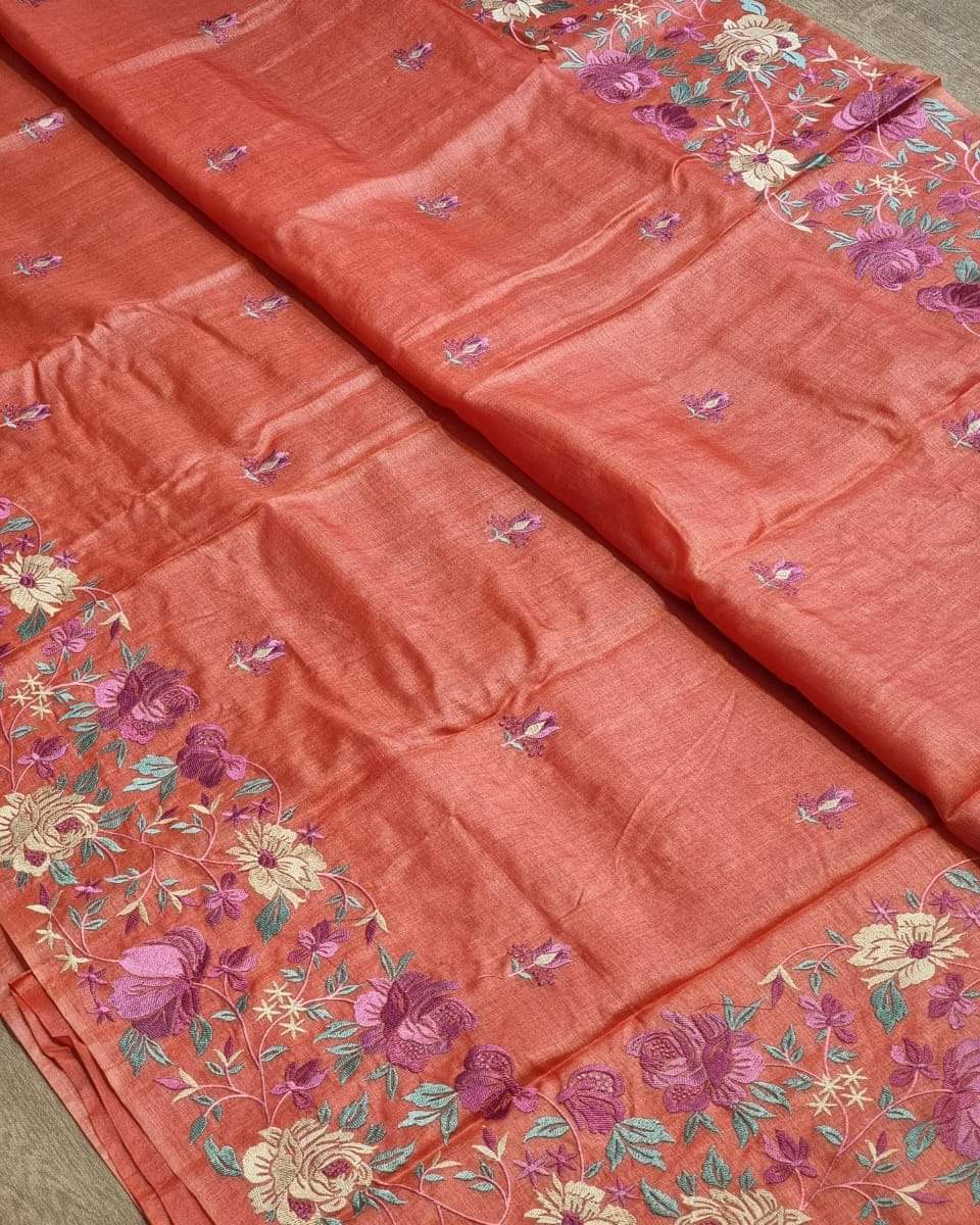 Pure Desi Tussar By Tussar Silk Embroidery Work Saree With Running Blouse.