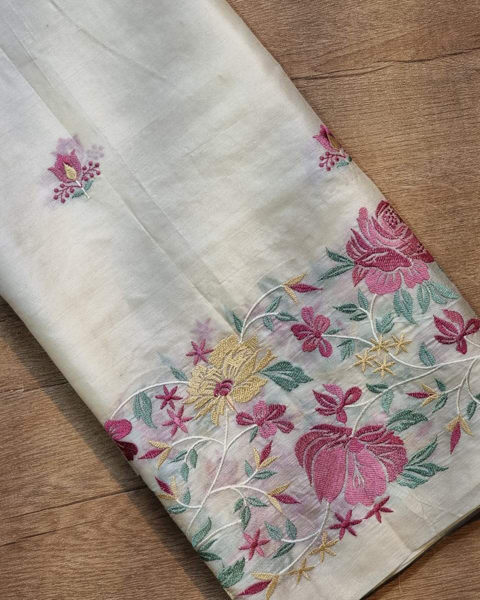 Pure Desi Tussar By Tussar Silk Embroidery Work Saree With Running Blouse.