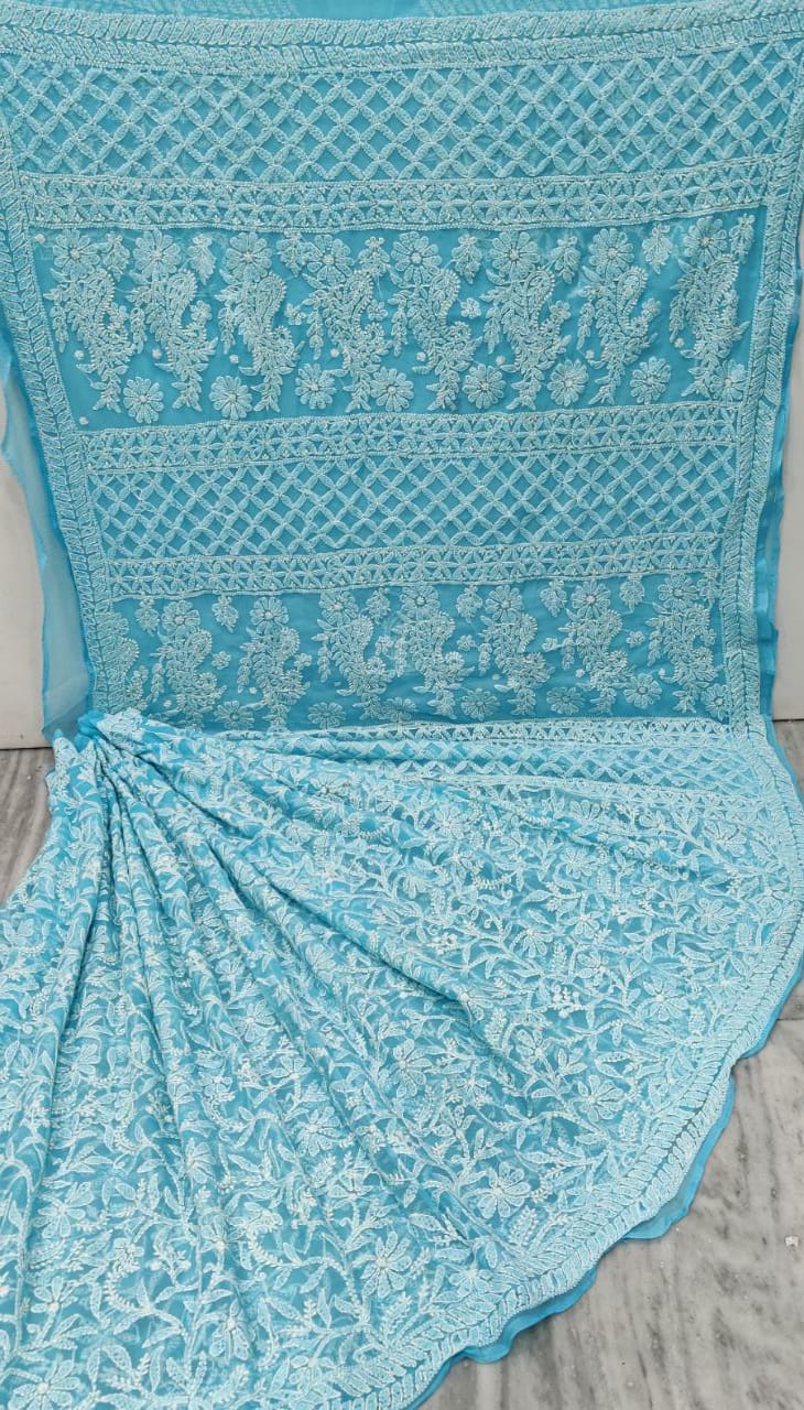 Pure Chiffon Georgette Chikankari Hand-work Saree With Running Blouse