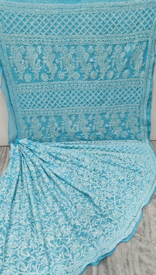 Pure Chiffon Georgette Chikankari Hand-work Saree With Running Blouse
