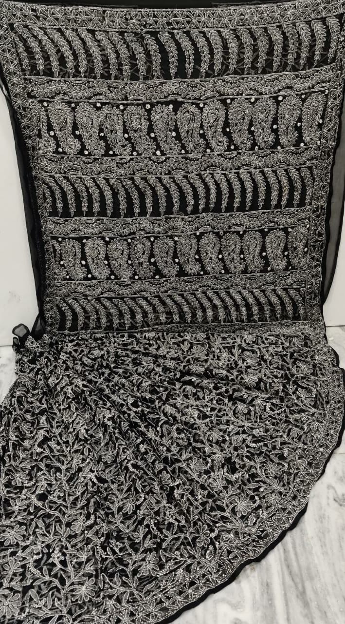 Pure Chiffon Georgette Chikankari Hand-work Saree With Running Blouse