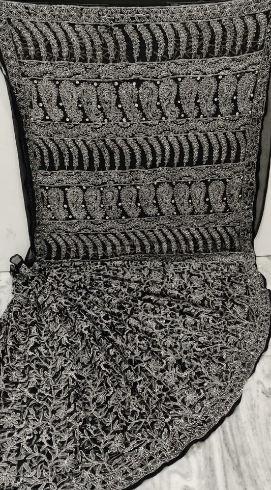 Pure Chiffon Georgette Chikankari Hand-work Saree With Running Blouse