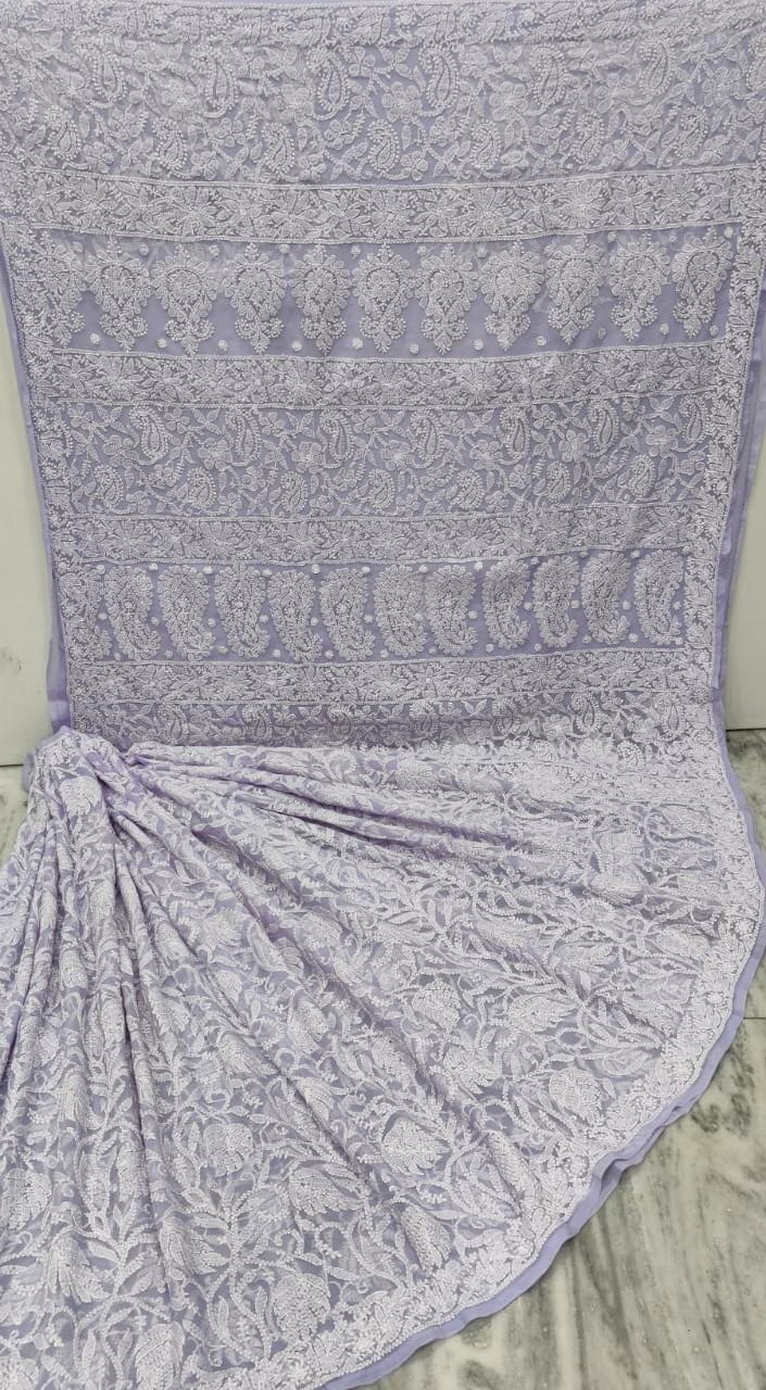 Pure Chiffon Georgette Chikankari Hand-work Saree With Running Blouse