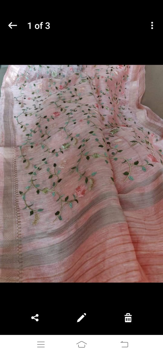 Pure Kota Linen Silk Hand Embroidery Work Saree With Blouse.