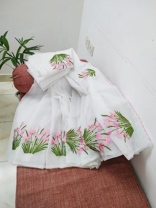 Kota-Doria Unstitched Saree with Embroidey Work