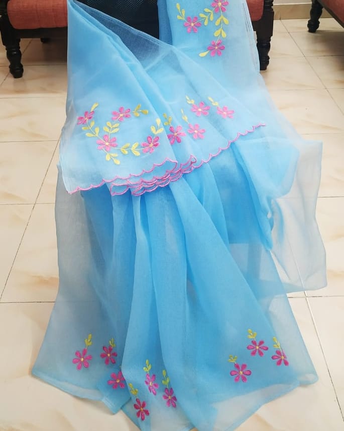 Kota-Doria Unstitched Saree with Embroidey Work