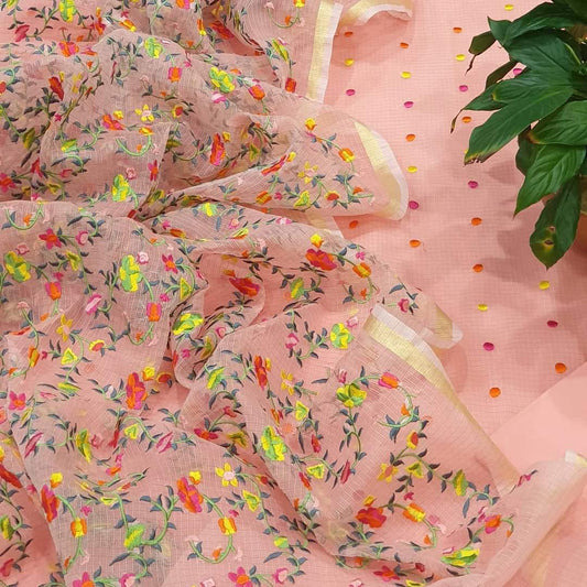 Kota-Doria Unstitched Suit with Embroidey Work