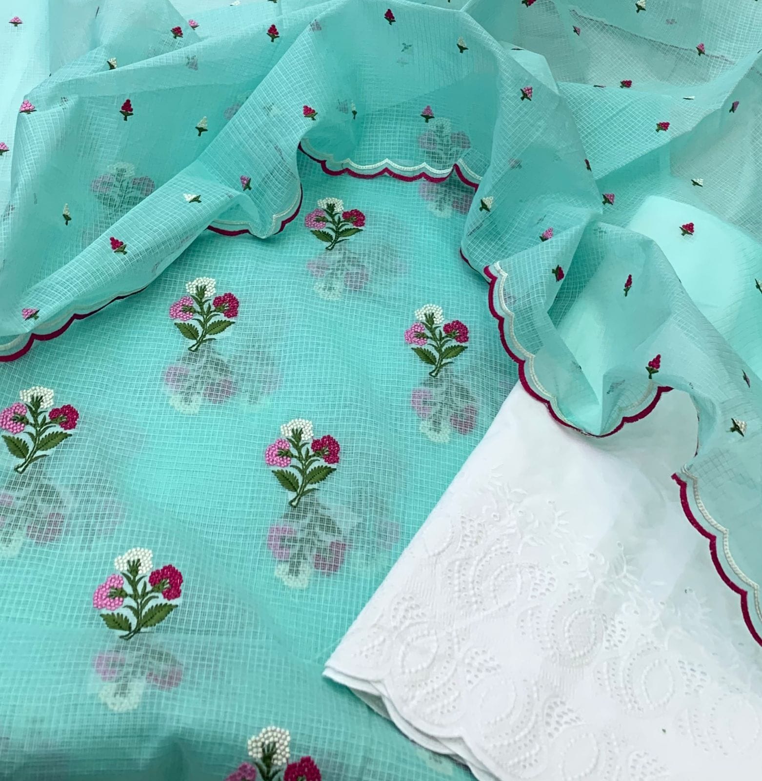 Royal white base Floral Handblock Printed Kota Doria Suit main image 0