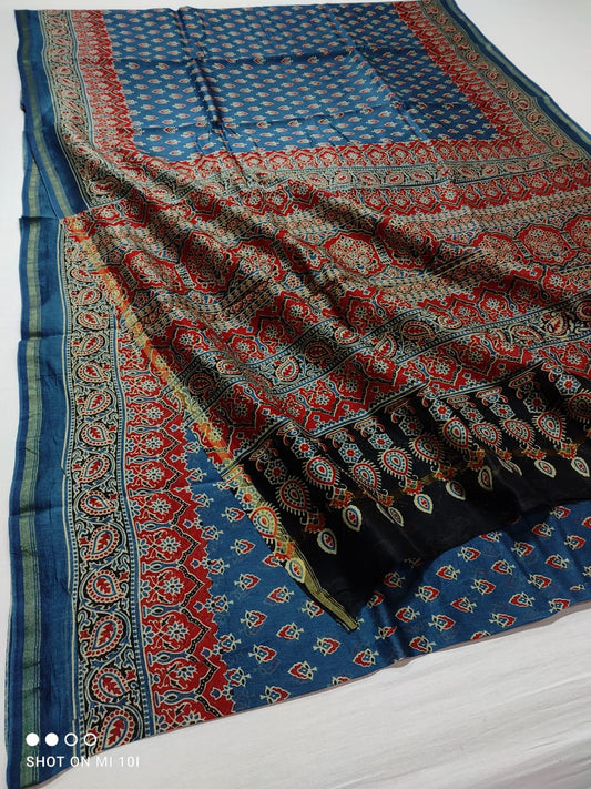 Pure Chanderi Cotton Silk Azrak Print Saree
