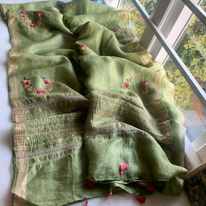 Olive Gren Pure Linen Silk Hand Embroidery Work Saree With Blouse.