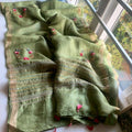 Olive Gren Pure Linen Silk Hand Embroidery Work Saree With Blouse.