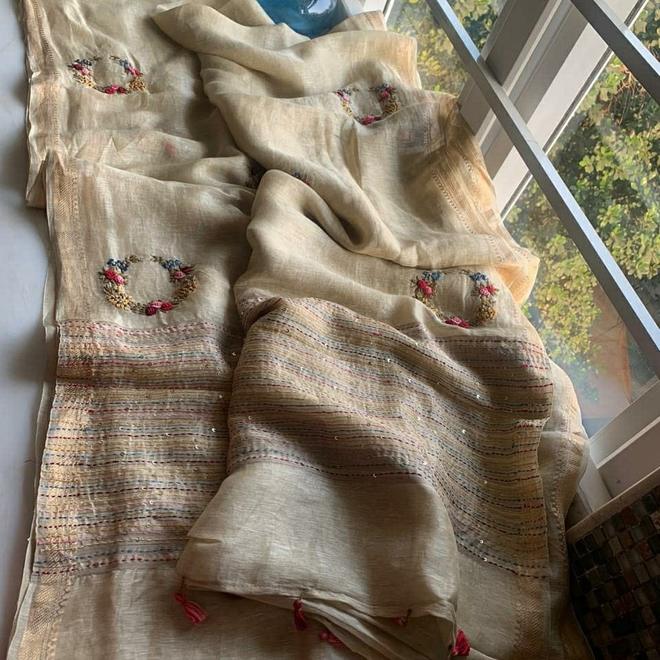 Beige Color Pure Linen Silk Hand Embroidery Work Saree With Blouse.