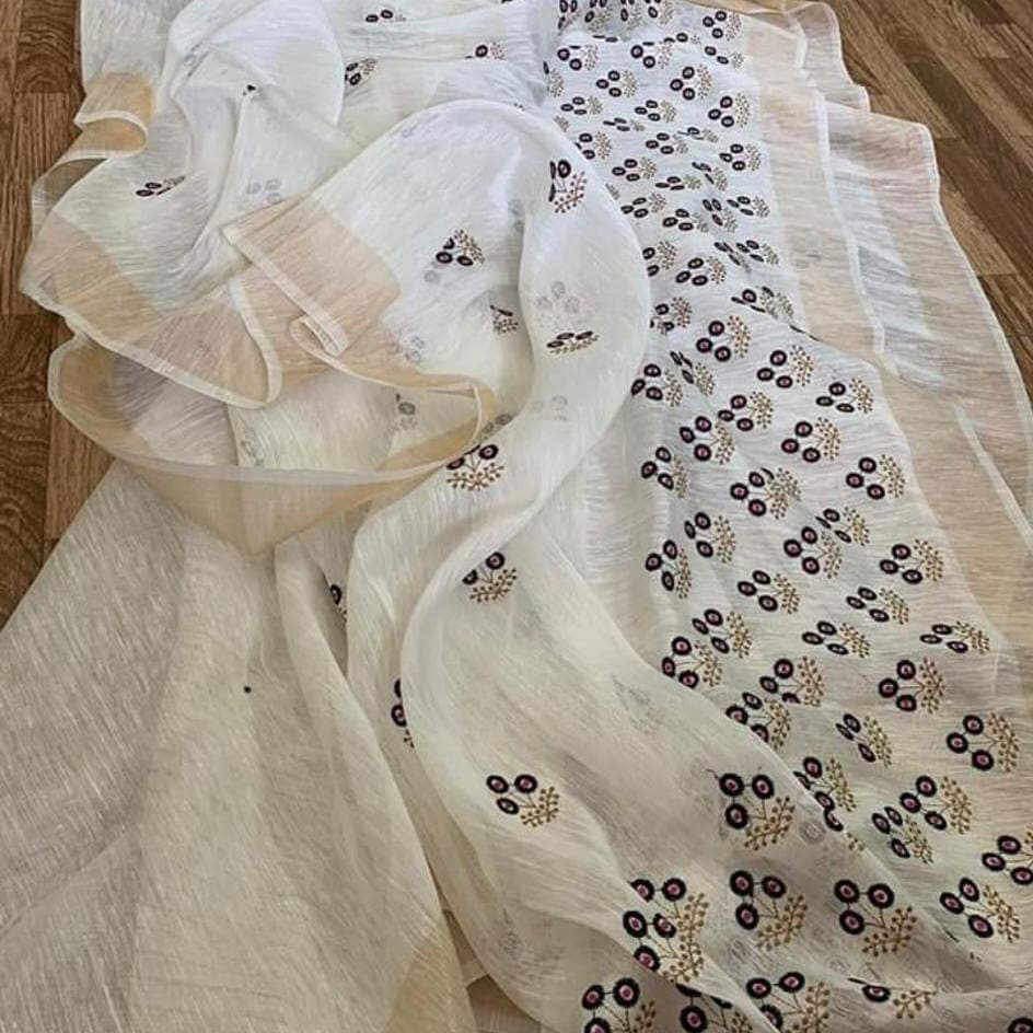 White Color Pure Kota Linen Silk Hand Embroidery Work Saree With Blouse.