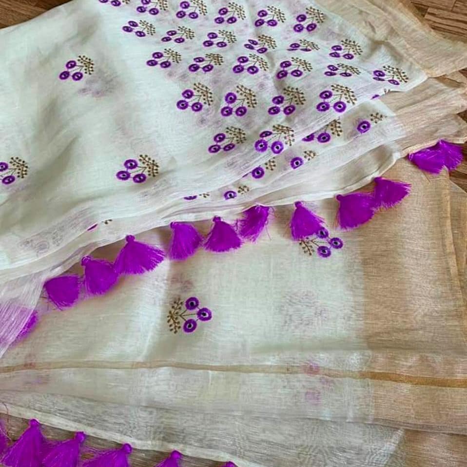 White Color Pure Kota Linen Silk Hand Embroidery Work Saree With Blouse.