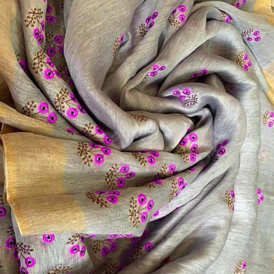 Grey Color Pure Kota Linen Silk Hand Embroidery Work Saree With Blouse.