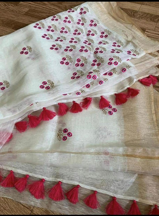White Color Pure Kota Linen Silk Hand Embroidery Work Saree With Blouse.