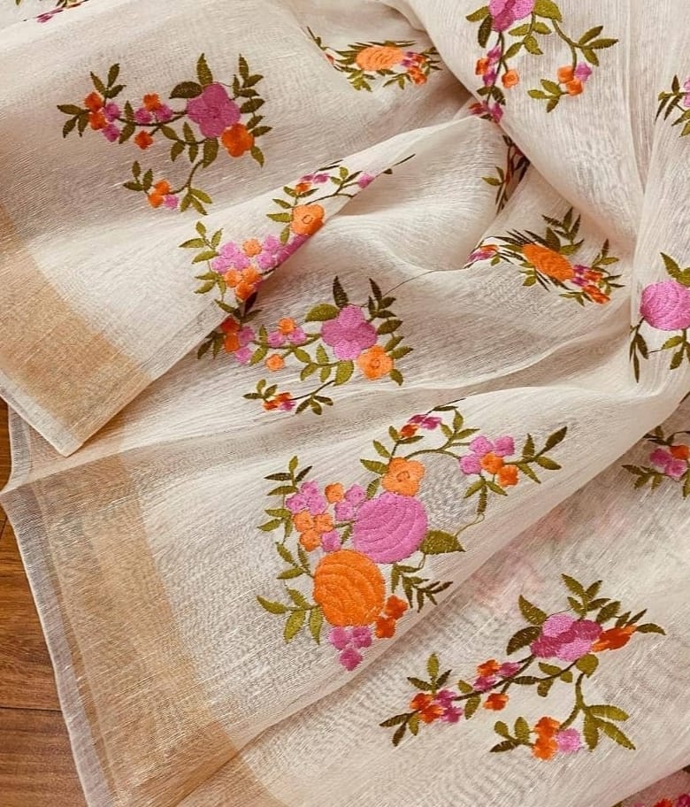 Off White Color Pure Kota Linen Silk Hand Embroidery Work Saree With Blouse.