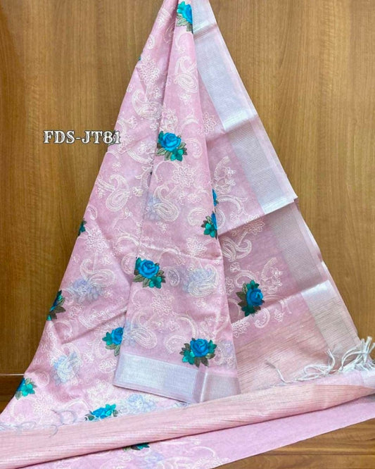 Pink Color Pure Kota Linen Silk Hand Embroidery Work Saree With Blouse.
