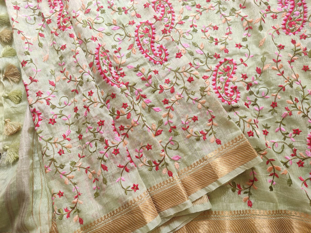 Green Color Pure Kota Linen Silk Hand Embroidery Work Saree With Blouse.
