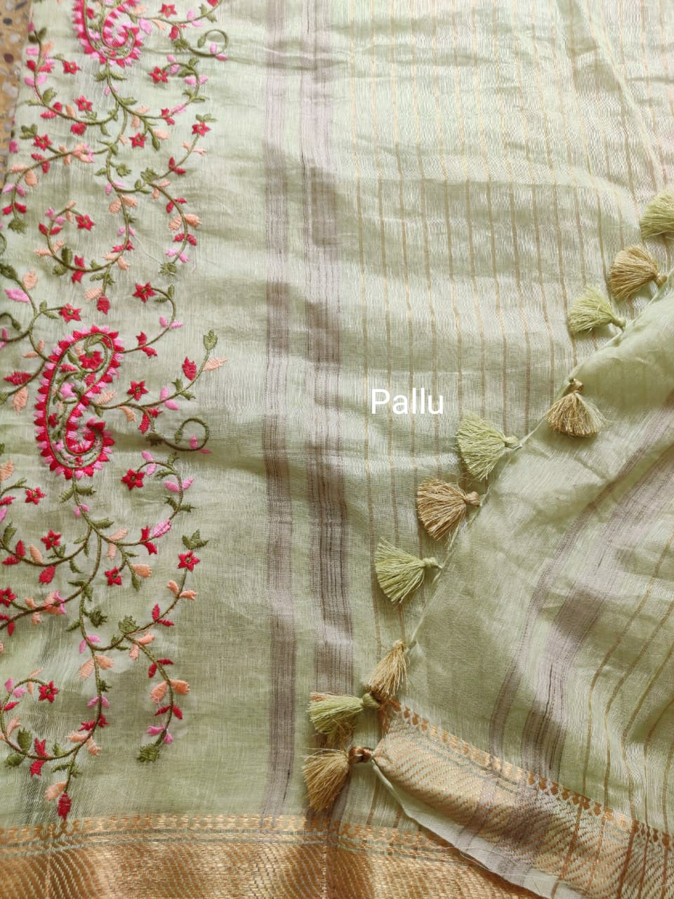 Green Color Pure Kota Linen Silk Hand Embroidery Work Saree With Blouse.