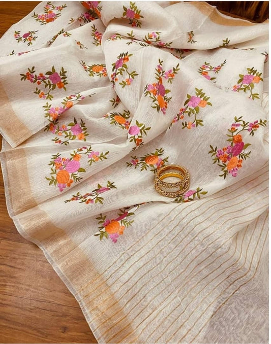 Off White Color Pure Kota Linen Silk Hand Embroidery Work Saree With Blouse.