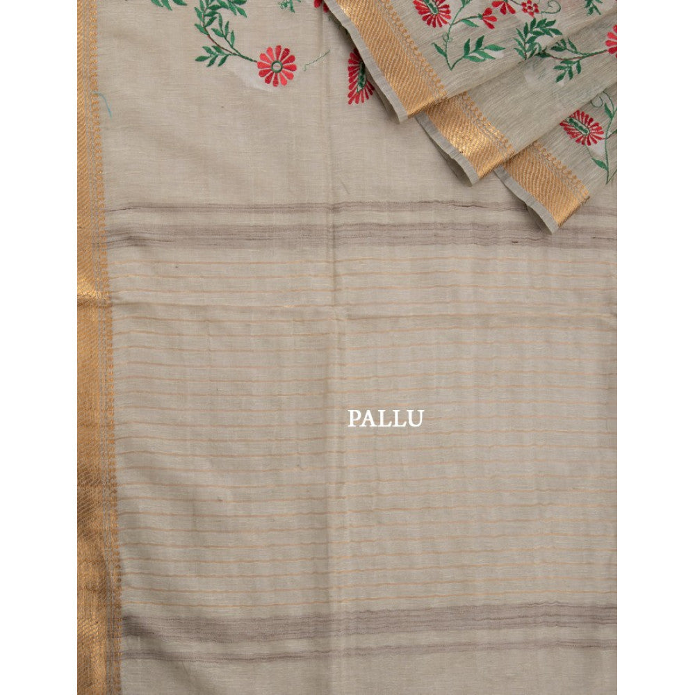 Grey Color Pure Kota Linen Silk Hand Embroidery Work Saree With Blouse.