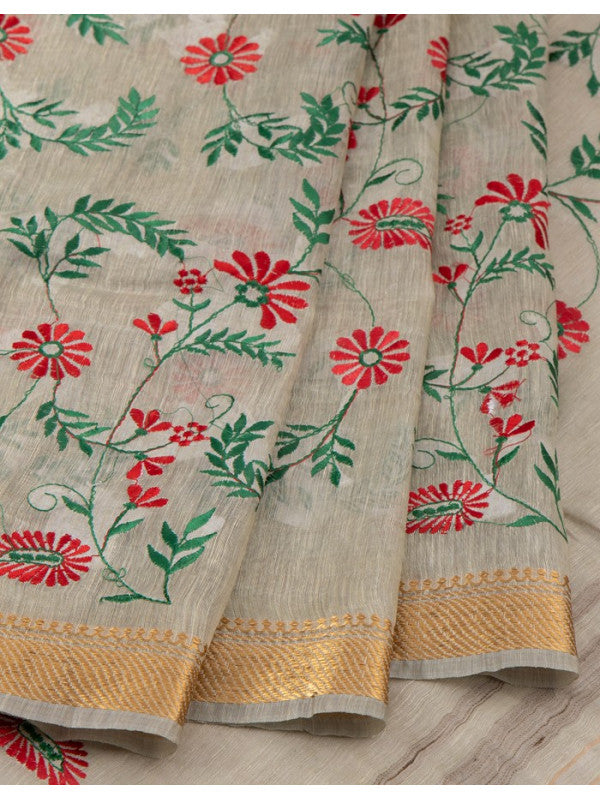 Grey Color Pure Kota Linen Silk Hand Embroidery Work Saree With Blouse.