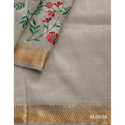 Grey Color Pure Kota Linen Silk Hand Embroidery Work Saree With Blouse.