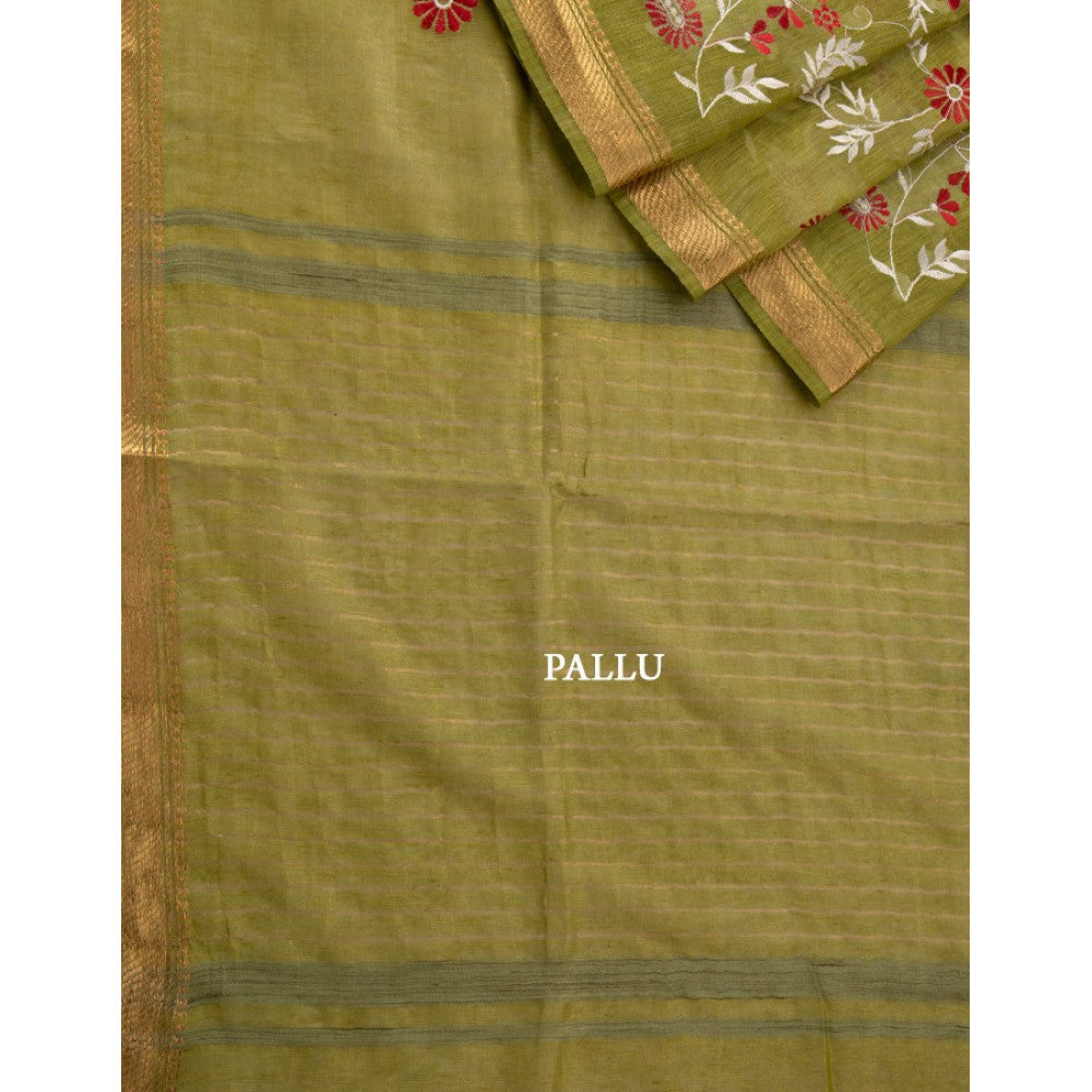 Green Color Pure Kota Linen Silk Hand Embroidery Work Saree With Blouse.