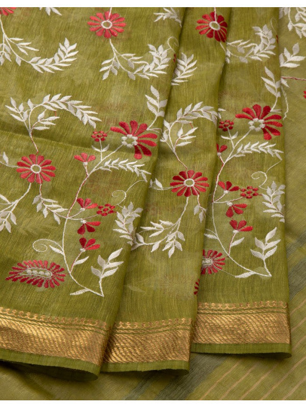 Green Color Pure Kota Linen Silk Hand Embroidery Work Saree With Blouse.