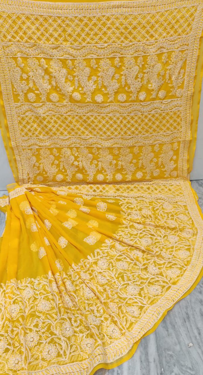 Pure Chiffon Georgette Chikankari Hand-work Saree With Running Blouse