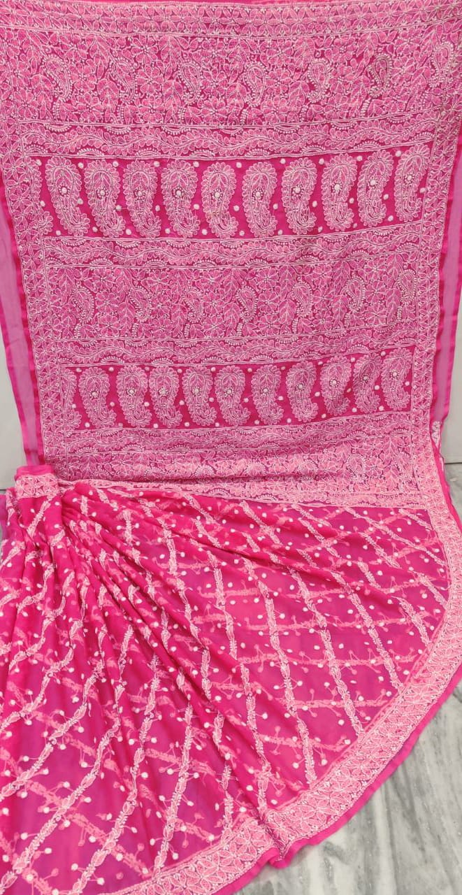 Pure Chiffon Georgette Chikankari Hand-work Saree With Running Blouse