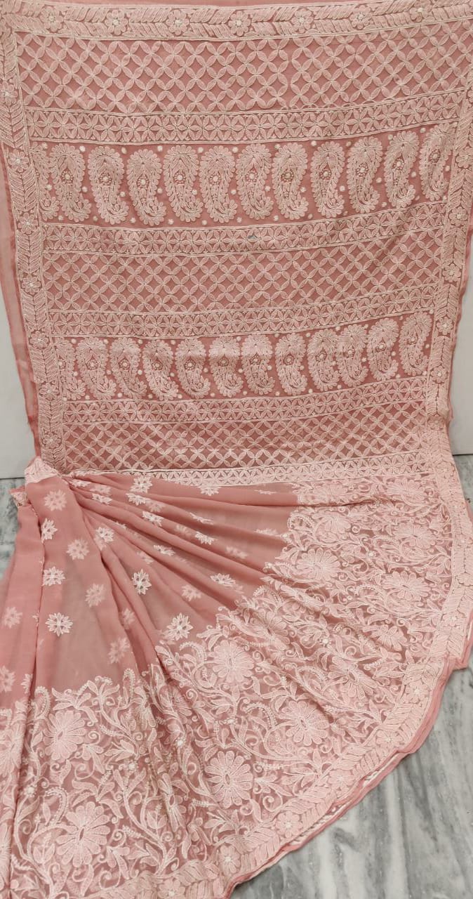 Pure Chiffon Georgette Chikankari Hand-work Saree With Running Blouse
