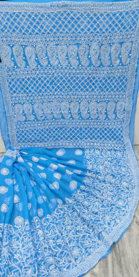 Pure Chiffon Georgette Chikankari Hand-work Saree With Running Blouse