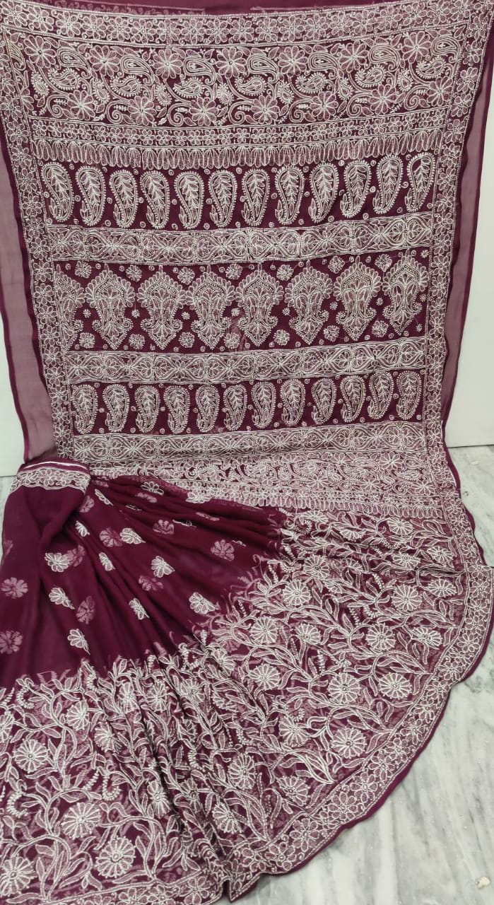 Pure Chiffon Georgette Chikankari Hand-work Saree With Running Blouse