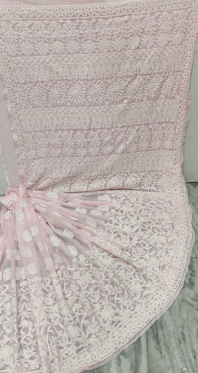 Pure Chiffon Georgette Chikankari Hand-work Saree With Running Blouse