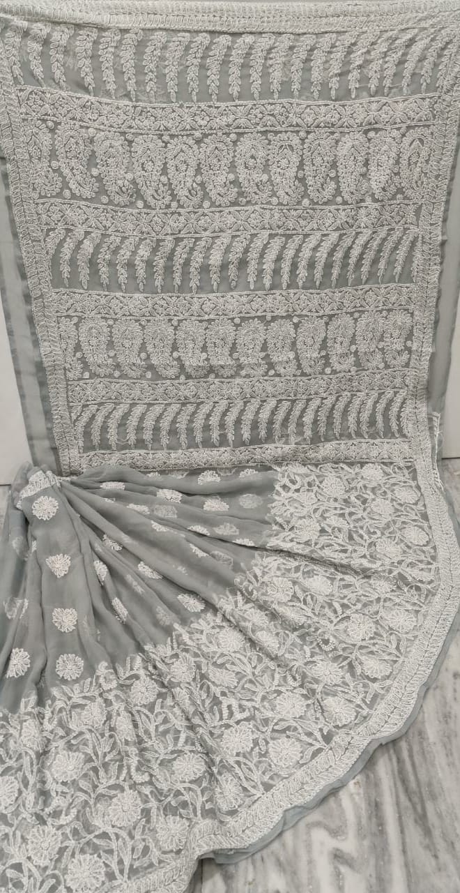 Pure Chiffon Georgette Chikankari Hand-work Saree With Running Blouse